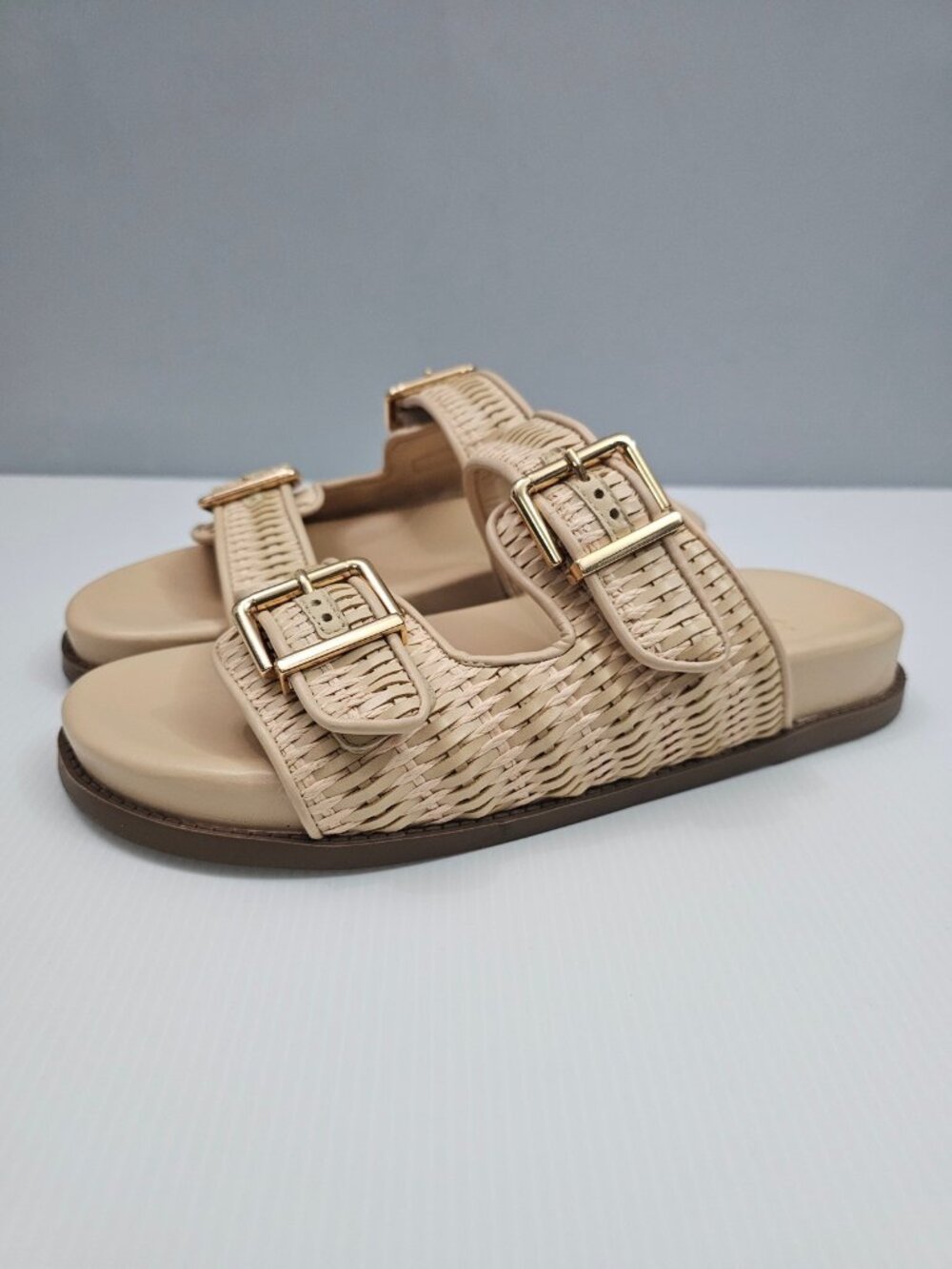 Schutz Naomi Raffia Woven Slide Sandal Womens 9.5 Beige Double Buckle Flat NEW